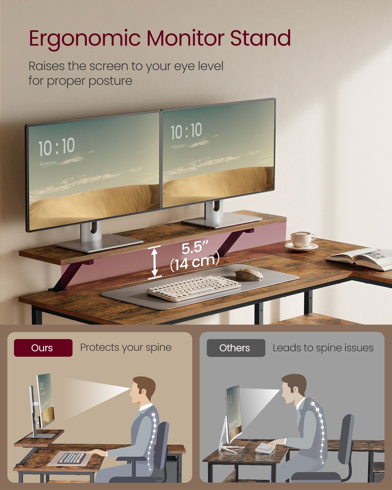 L-Shaped Desk – Wood – Rustic Brown – Spacious with Adjustable Monitor Stand and Storage Shelf