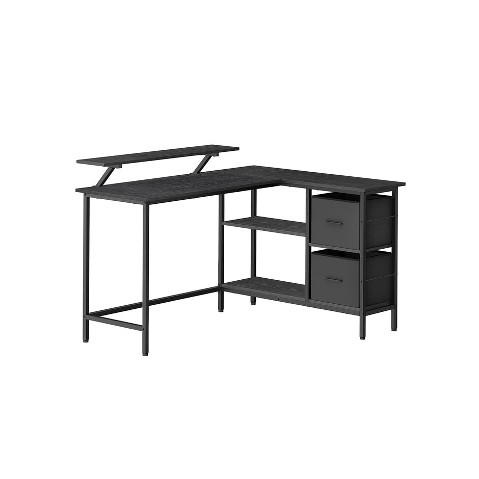 L-Shaped Desk – Wood – Rustic Brown – Spacious with Adjustable Monitor Stand and Storage Shelf