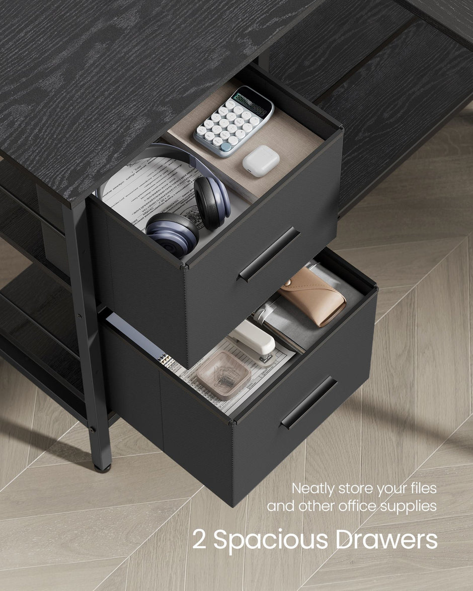 L-Shaped Desk – Wood – Ebony Black – 2 Spacious Drawers with Monitor Stand and Adjustable Storage Shelf