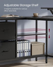 L-Shaped Desk – Wood – Ebony Black – 2 Spacious Drawers with Monitor Stand and Adjustable Storage Shelf