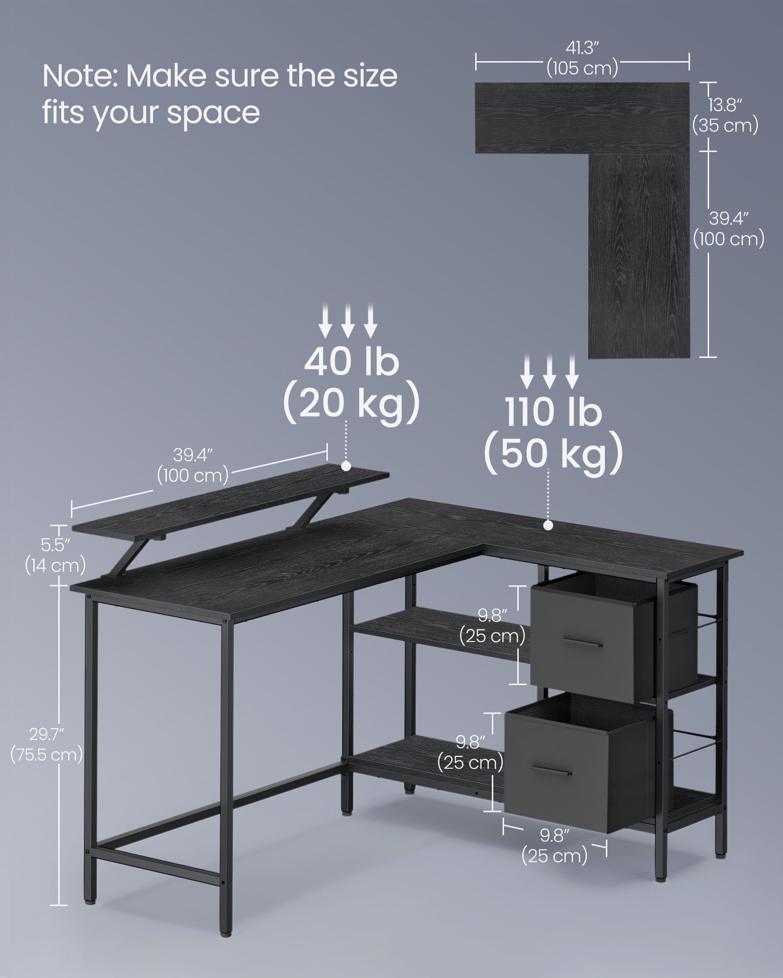 L-Shaped Desk – Wood – Ebony Black – 2 Spacious Drawers with Monitor Stand and Adjustable Storage Shelf