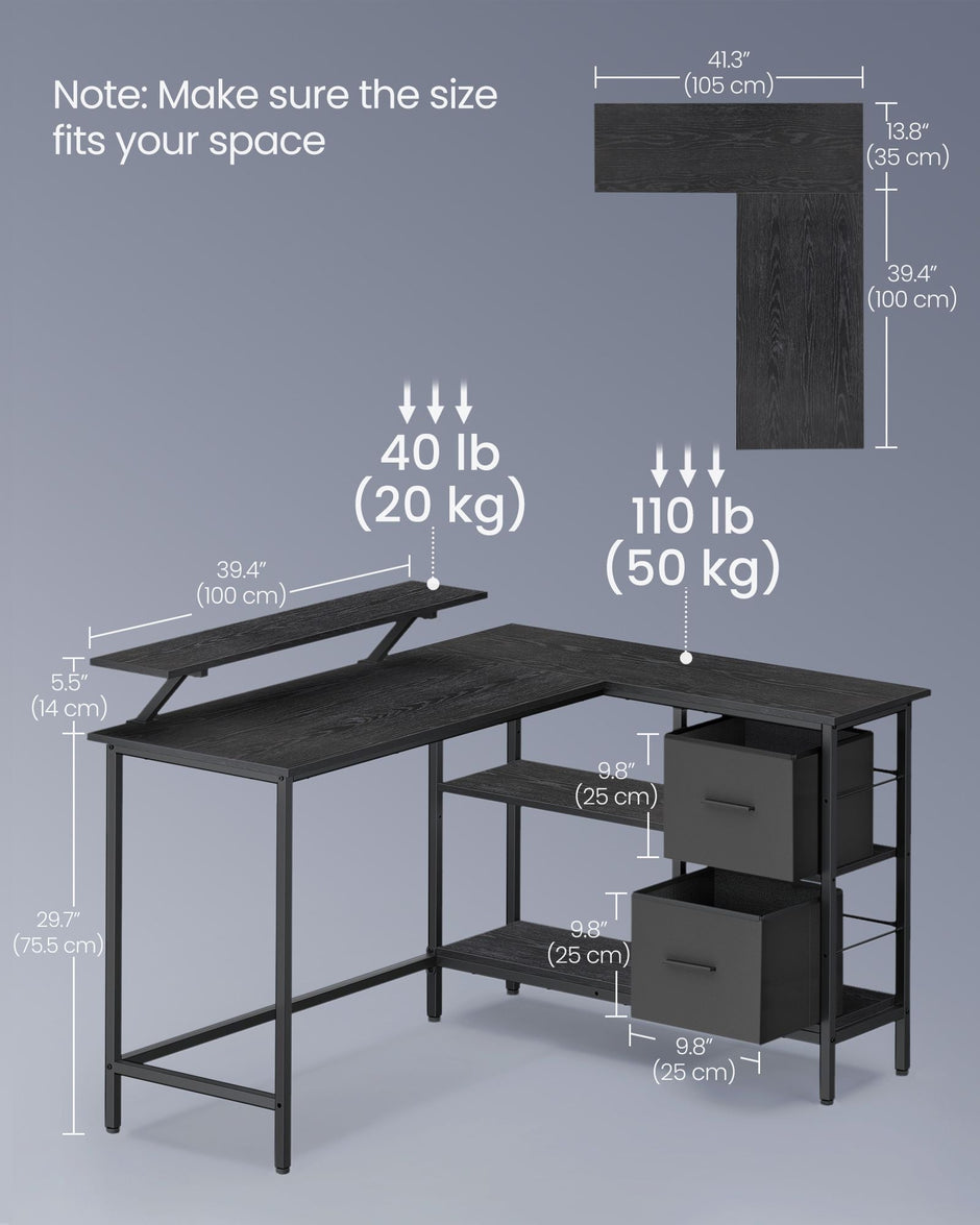 L-Shaped Desk – Wood – Ebony Black – 2 Spacious Drawers with Monitor Stand and Adjustable Storage Shelf