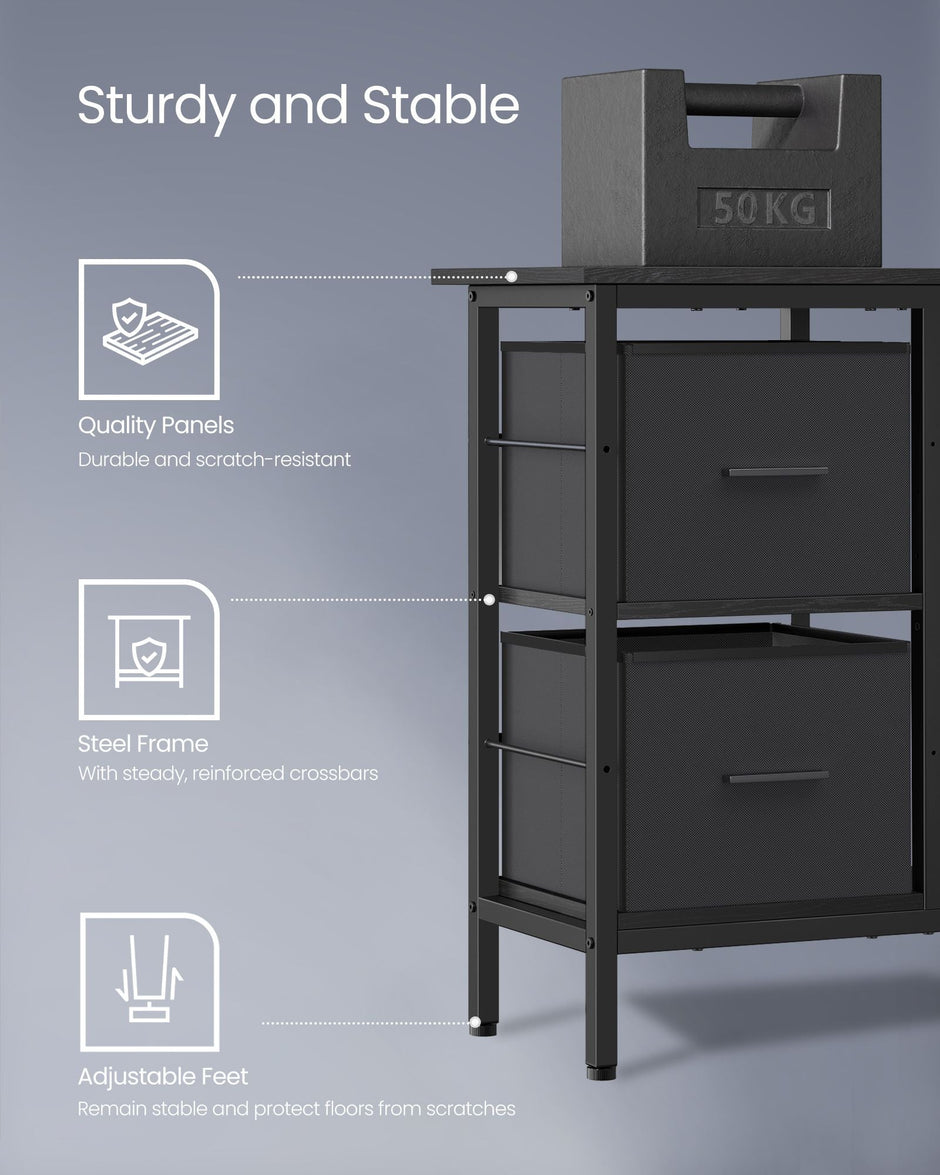 L-Shaped Desk – Wood – Ebony Black – 2 Spacious Drawers with Monitor Stand and Adjustable Storage Shelf