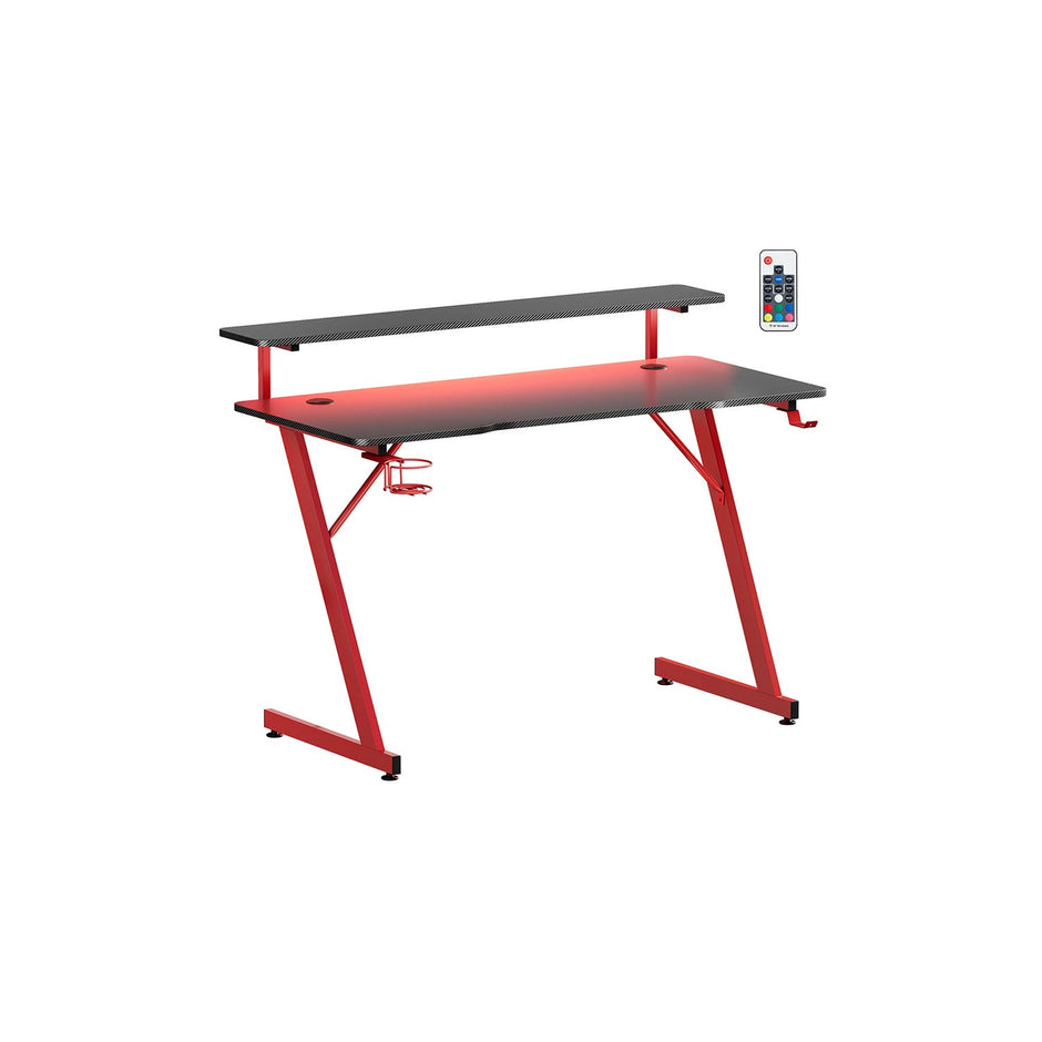 Gaming Desk – Carbon Black and Ruby Red – Z-Shaped Design with LED Lights, Monitor Stand, Cup Holder, and Headphone Hook
