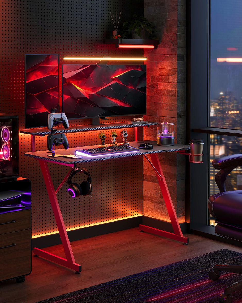 Gaming Desk – Carbon Black and Ruby Red – Z-Shaped Design with LED Lights, Monitor Stand, Cup Holder, and Headphone Hook