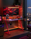 Gaming Desk – Carbon Black and Ruby Red – Z-Shaped Design with LED Lights, Monitor Stand, Cup Holder, and Headphone Hook