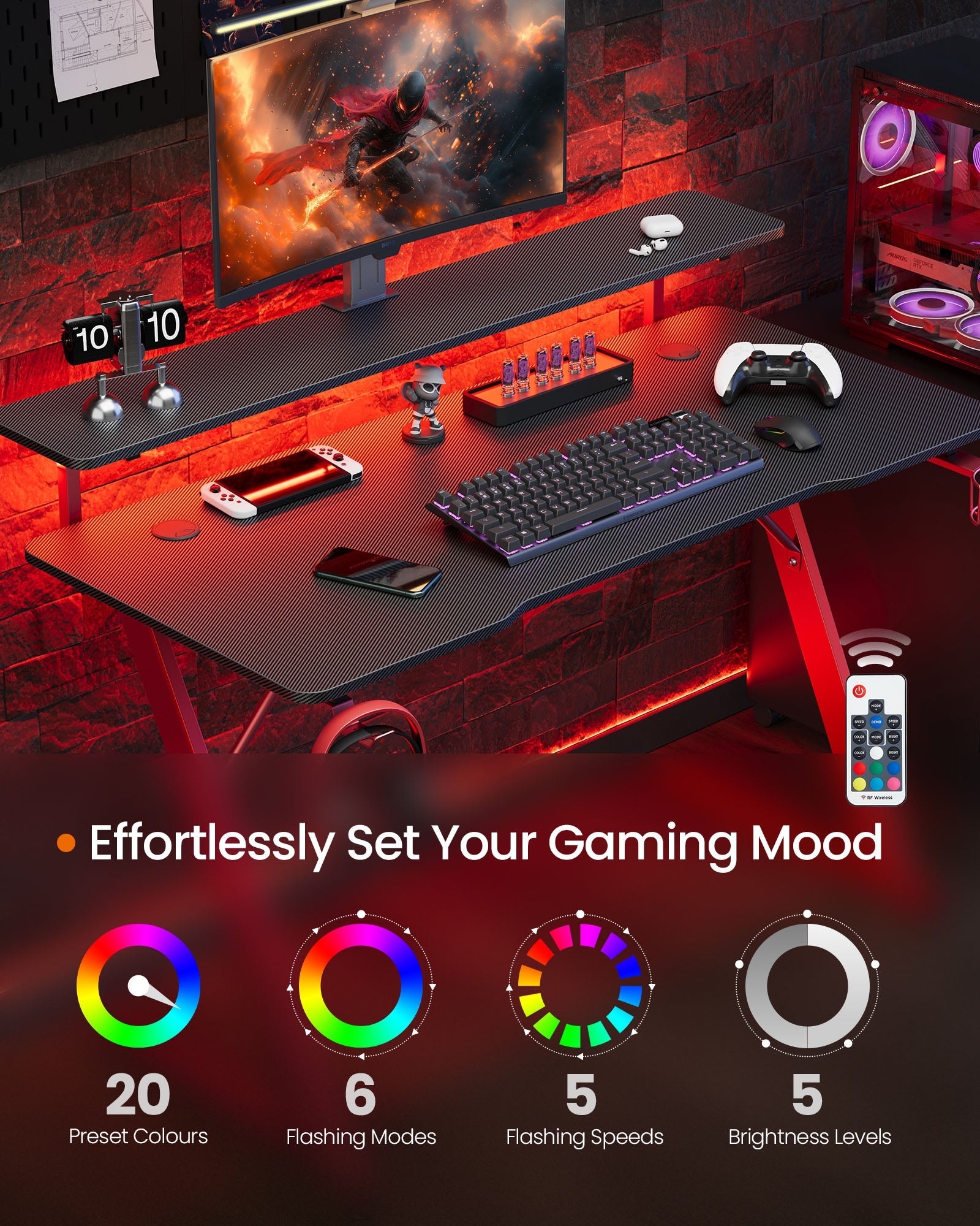 Gaming Desk – Carbon Black and Ruby Red – Z-Shaped Design with LED Lights, Monitor Stand, Cup Holder, and Headphone Hook