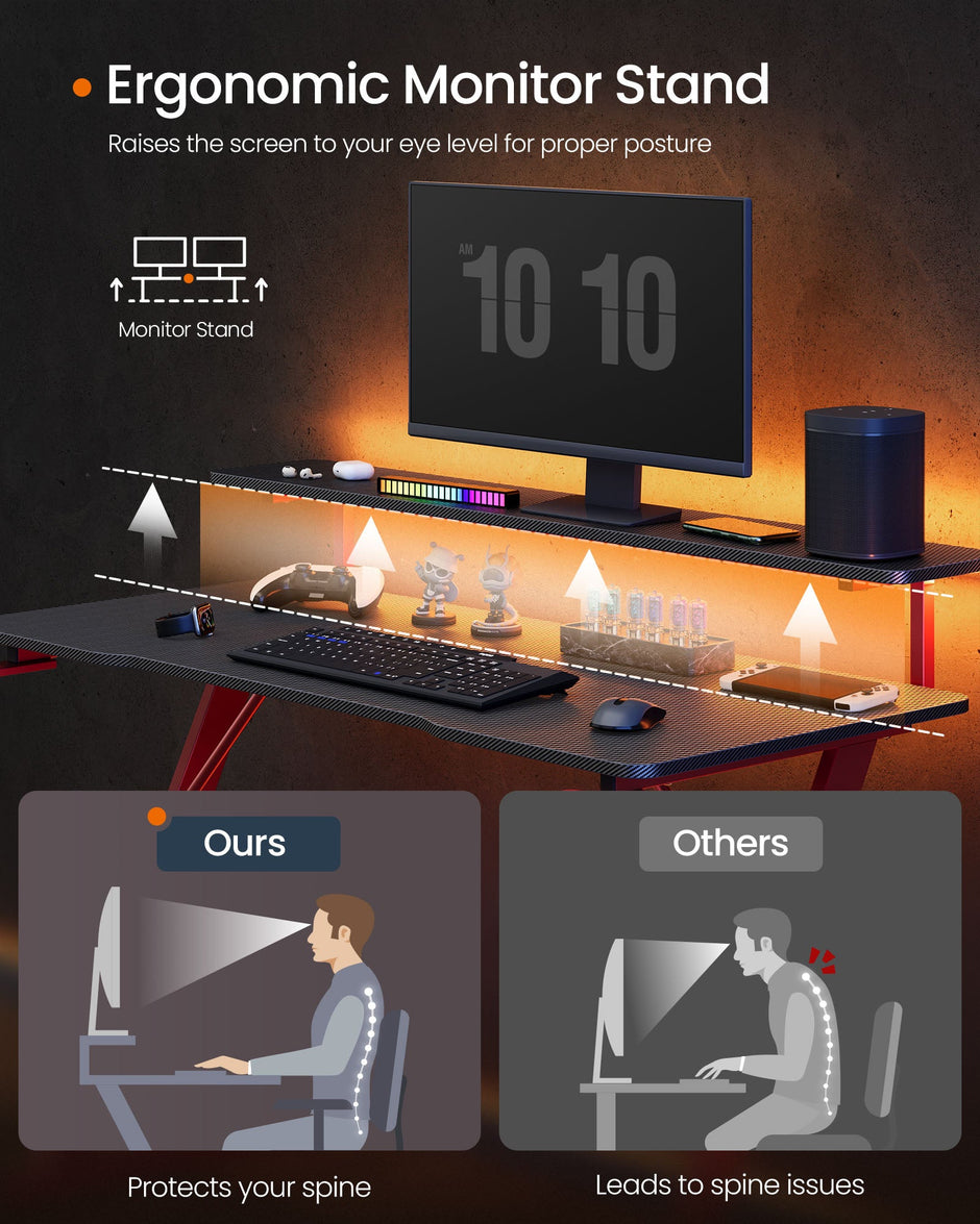 Gaming Desk – Carbon Black and Ruby Red – Z-Shaped Design with LED Lights, Monitor Stand, Cup Holder, and Headphone Hook