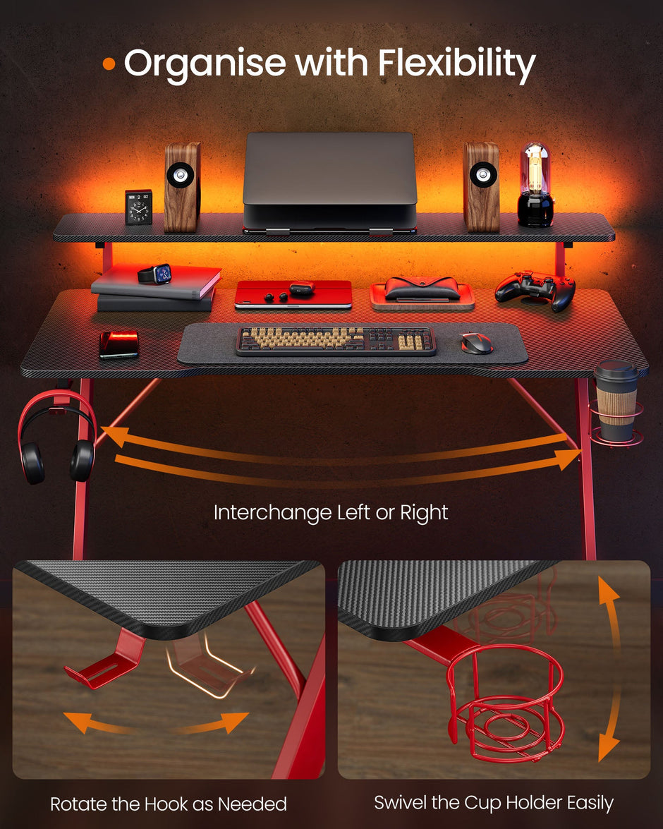 Gaming Desk – Carbon Black and Ruby Red – Z-Shaped Design with LED Lights, Monitor Stand, Cup Holder, and Headphone Hook