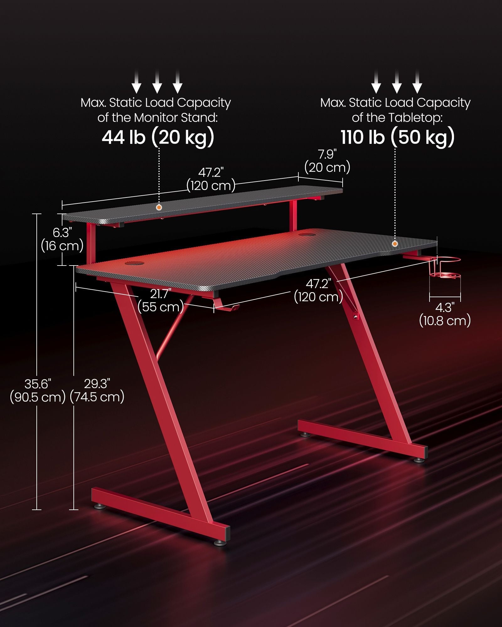 Gaming Desk – Carbon Black and Ruby Red – Z-Shaped Design with LED Lights, Monitor Stand, Cup Holder, and Headphone Hook