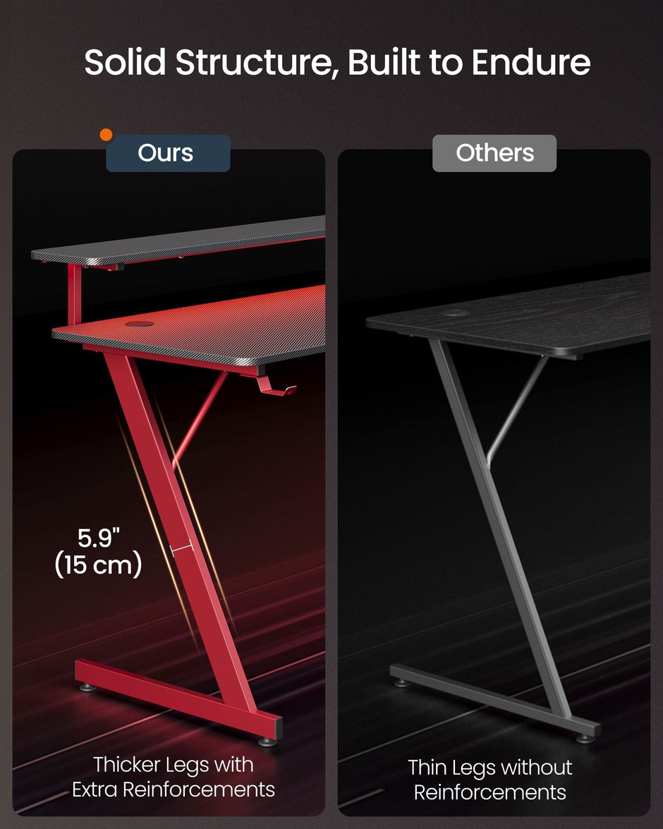 Gaming Desk – Carbon Black and Ruby Red – Z-Shaped Design with LED Lights, Monitor Stand, Cup Holder, and Headphone Hook