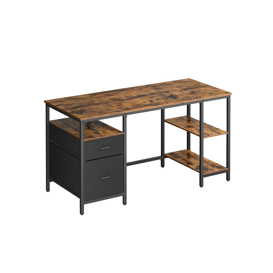 Computer Desk – Wood – Rustic Brown and Ink Black – Includes 3 Shelves and 2 Drawers