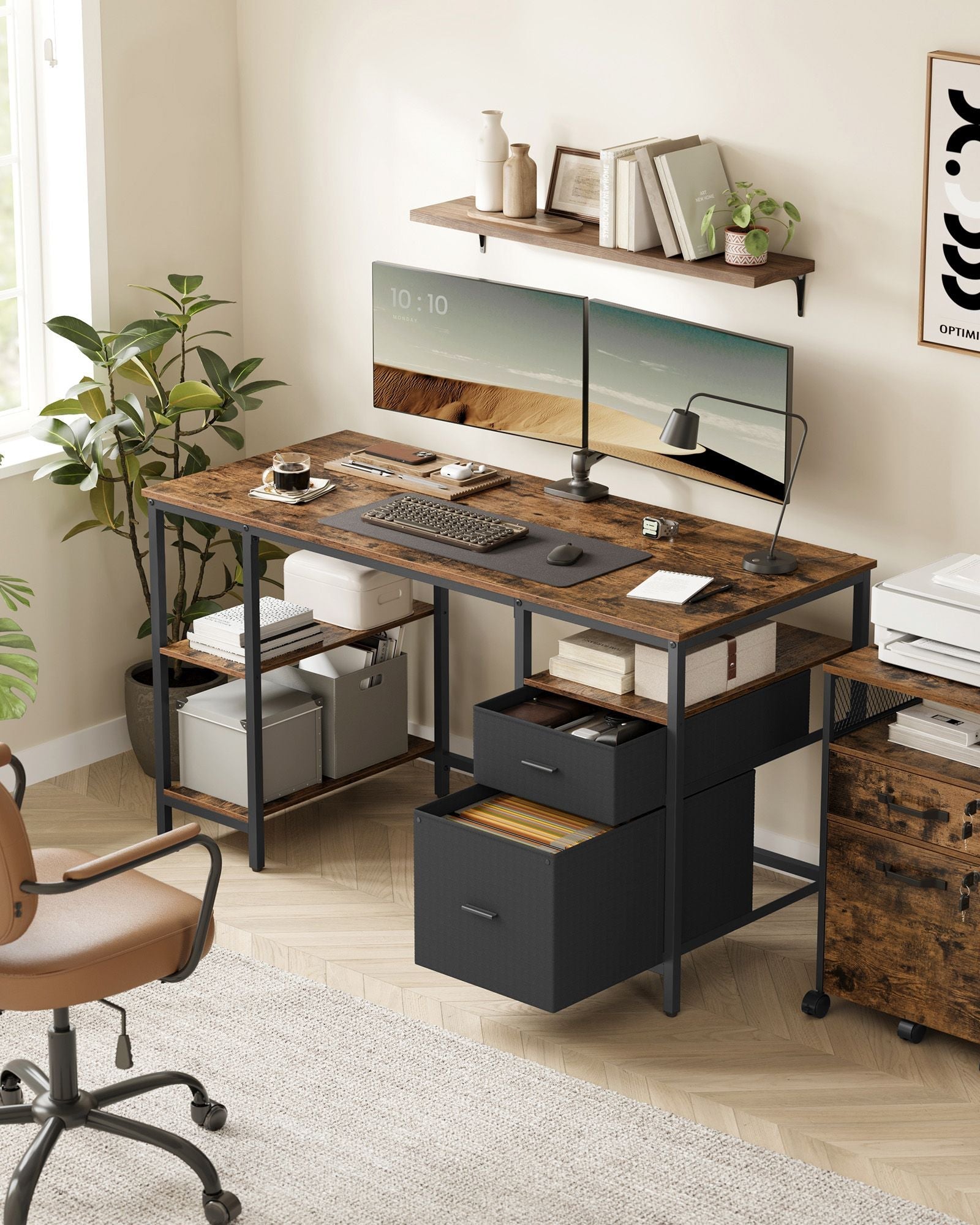 Computer Desk – Wood – Rustic Brown and Ink Black – Includes 3 Shelves and 2 Drawers