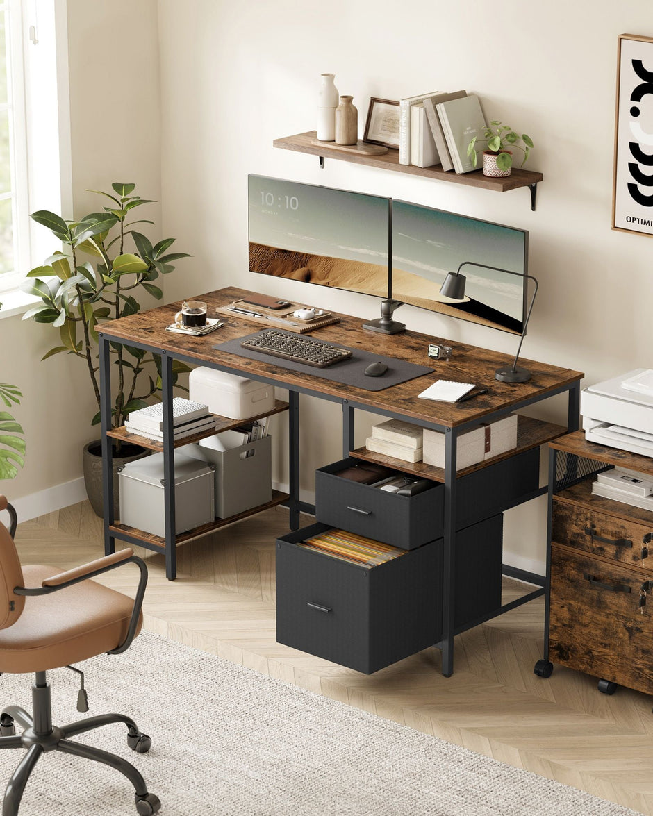 Computer Desk – Wood – Rustic Brown and Ink Black – Includes 3 Shelves and 2 Drawers