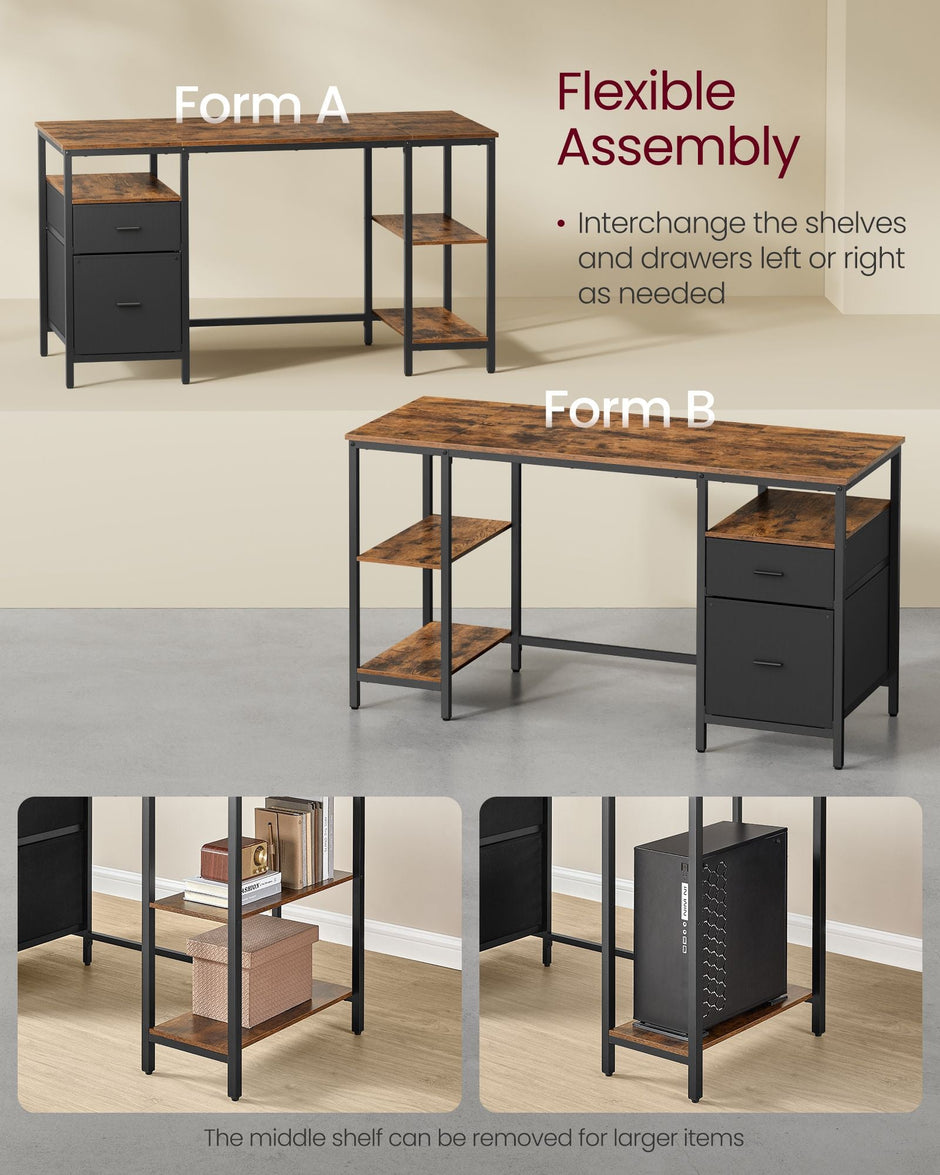 Computer Desk – Wood – Rustic Brown and Ink Black – Includes 3 Shelves and 2 Drawers