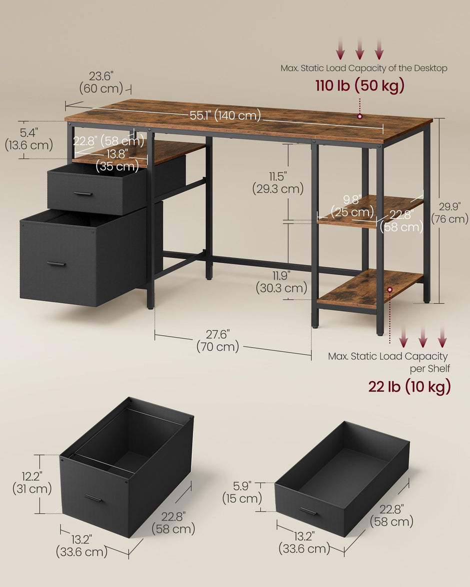 Computer Desk – Wood – Rustic Brown and Ink Black – Includes 3 Shelves and 2 Drawers