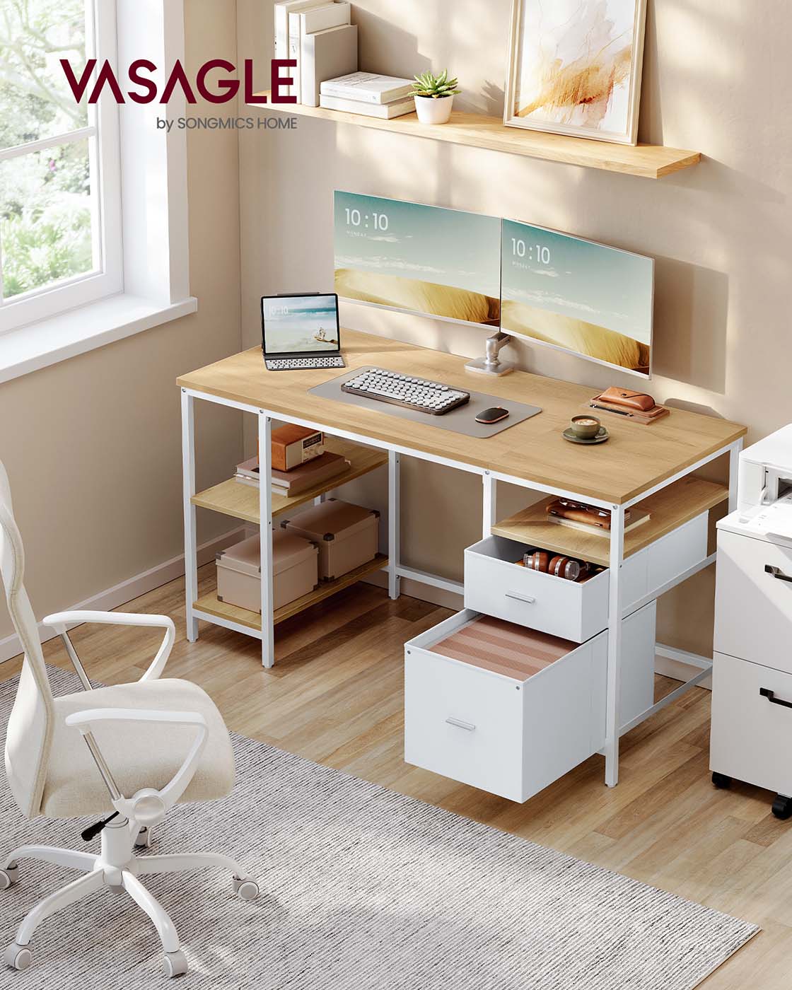 Computer Desk – Wood – Natural Oak and Pearl White – Includes Shelves and Drawers