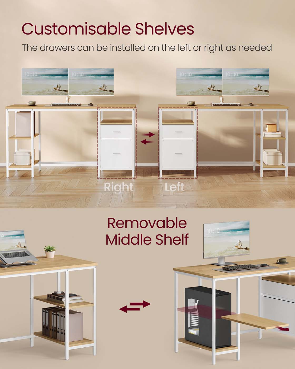 Computer Desk – Wood – Natural Oak and Pearl White – Includes Shelves and Drawers