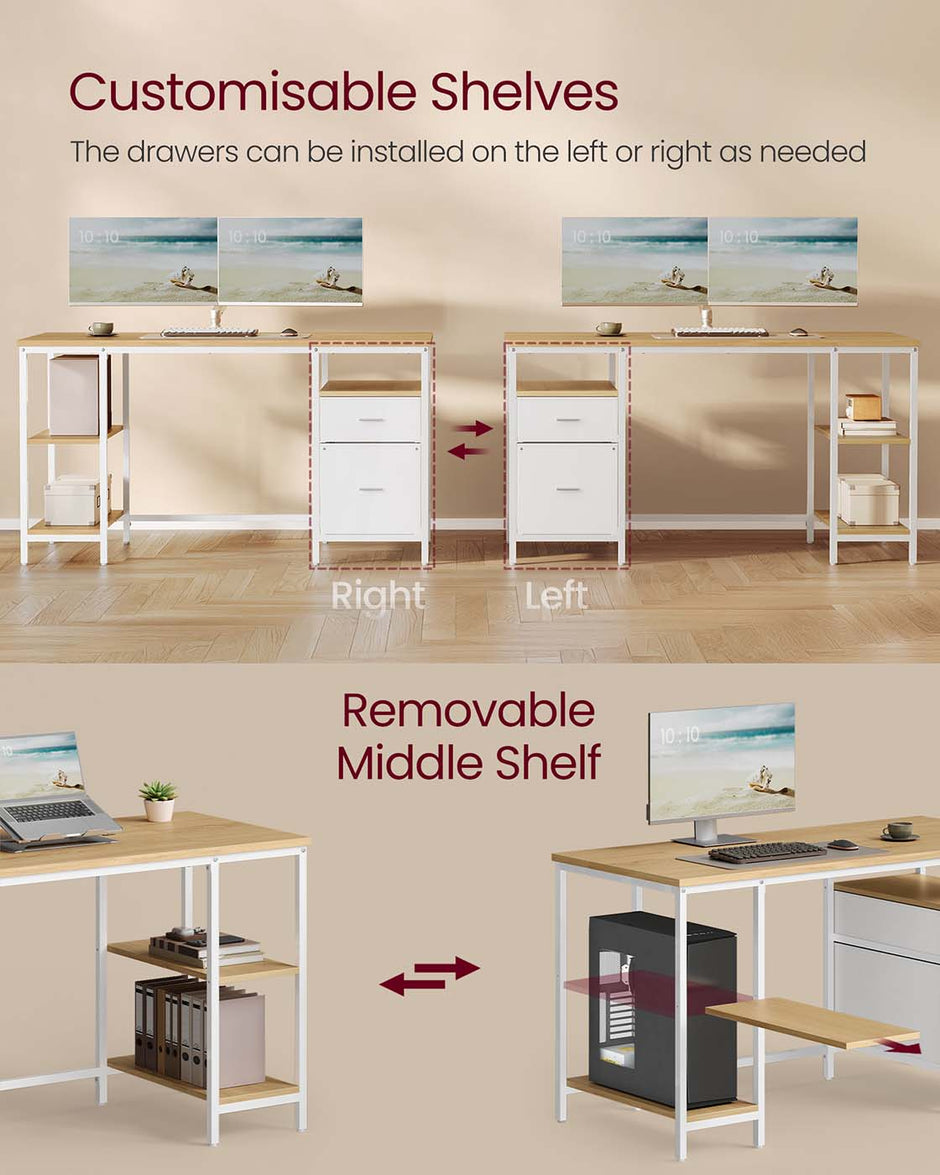 Computer Desk – Wood – Natural Oak and Pearl White – Includes Shelves and Drawers