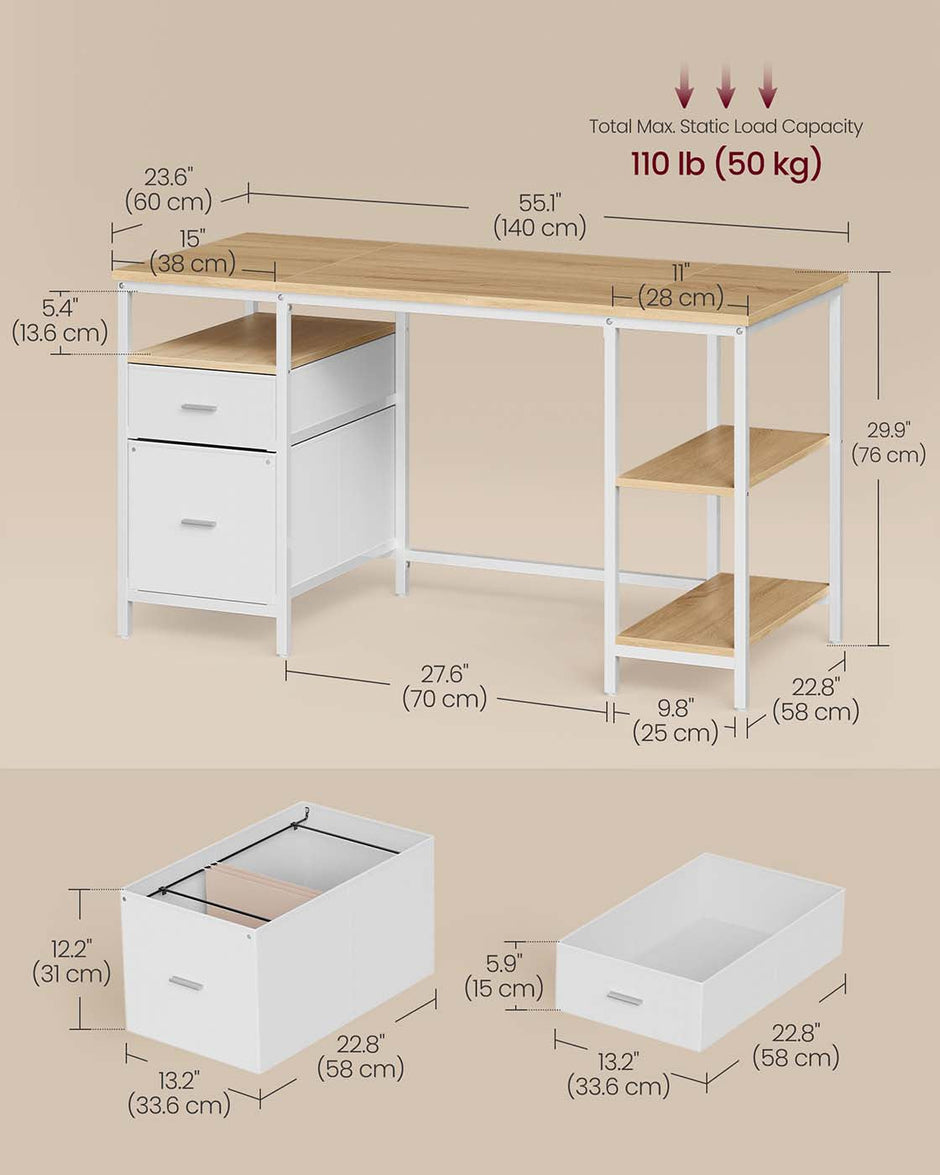 Computer Desk – Wood – Natural Oak and Pearl White – Includes Shelves and Drawers
