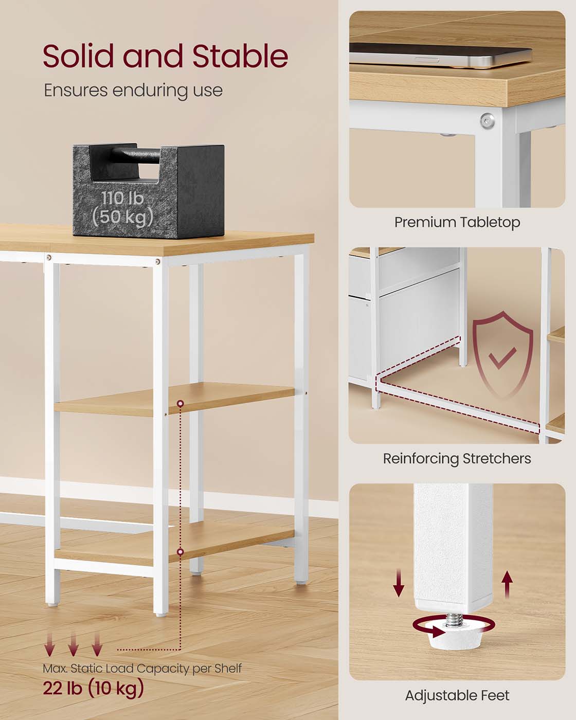 Computer Desk – Wood – Natural Oak and Pearl White – Includes Shelves and Drawers