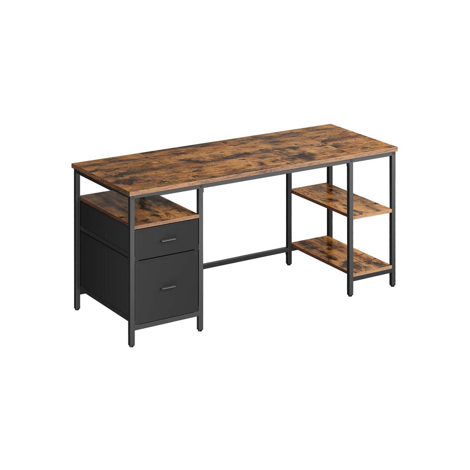 Computer Desk – Wood and Metal – Rustic Brown and Matte Black – Industrial Style with Shelves and Drawers