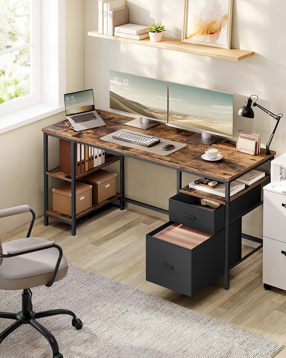 Computer Desk – Wood and Metal – Rustic Brown and Matte Black – Industrial Style with Shelves and Drawers