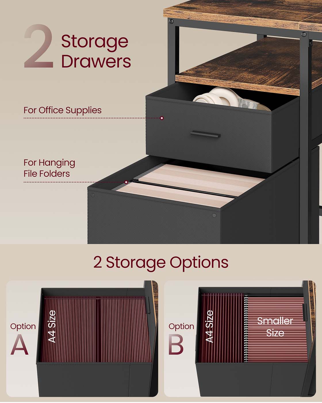 Computer Desk – Wood and Metal – Rustic Brown and Matte Black – Industrial Style with Shelves and Drawers