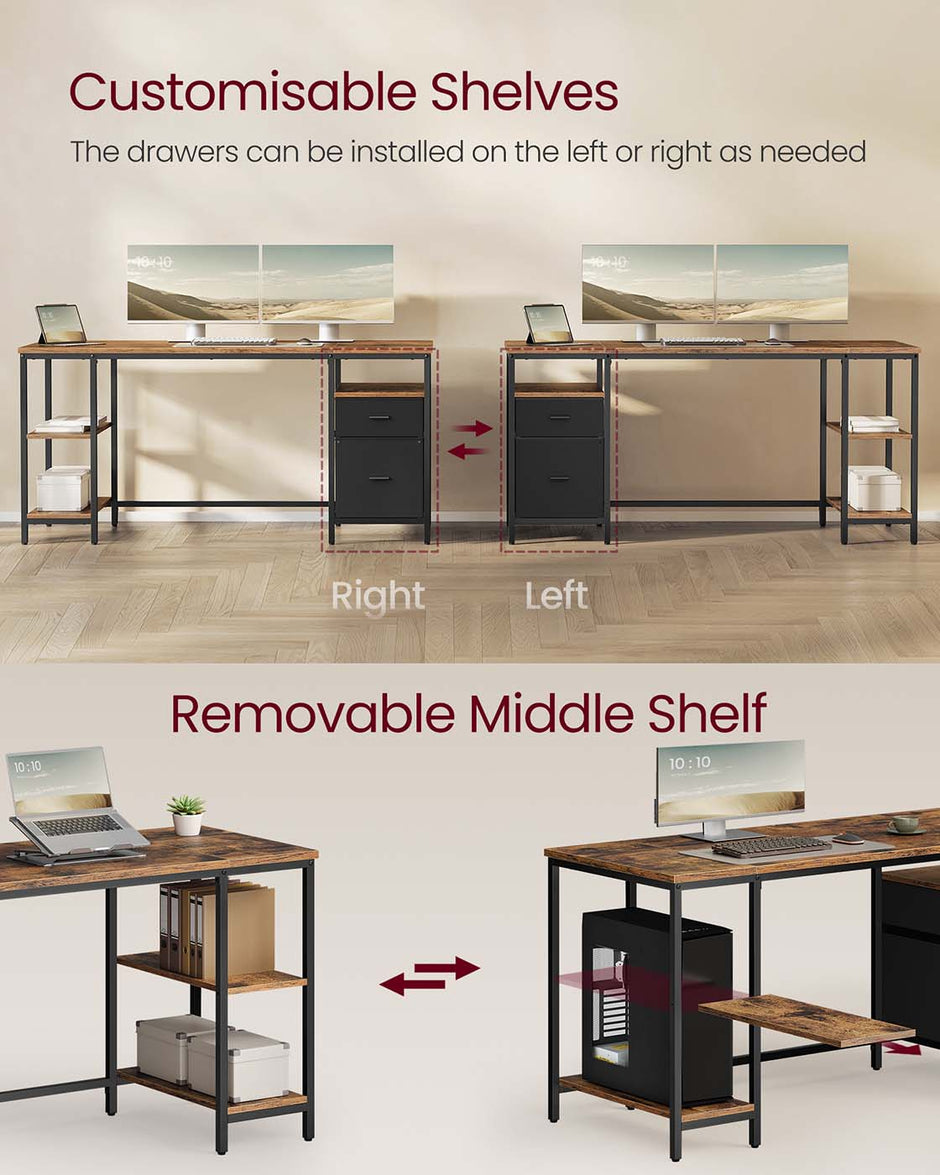 Computer Desk – Wood and Metal – Rustic Brown and Matte Black – Industrial Style with Shelves and Drawers