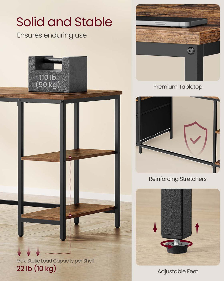 Computer Desk – Wood and Metal – Rustic Brown and Matte Black – Industrial Style with Shelves and Drawers