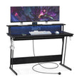 Gaming Desk – Wood – Black – LED Lights and Built-In Power Outlets with Monitor Shelf