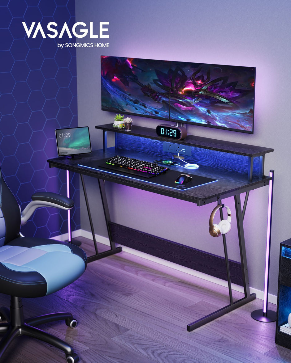 Gaming Desk – Wood – Black – LED Lights and Built-In Power Outlets with Monitor Shelf
