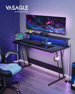 Gaming Desk – Wood – Black – LED Lights and Built-In Power Outlets with Monitor Shelf