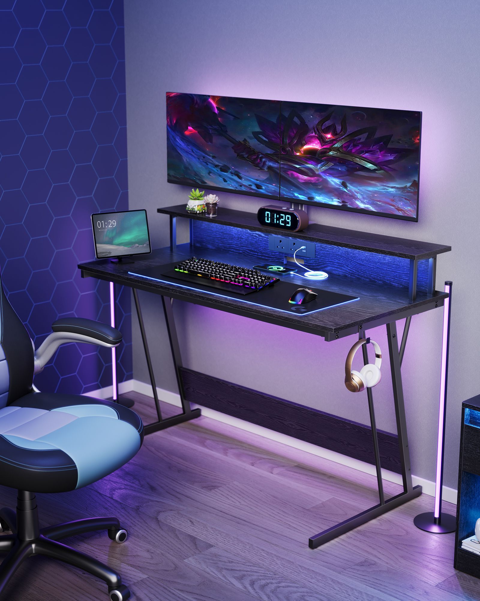 Gaming Desk – Wood – Black – LED Lights and Built-In Power Outlets with Monitor Shelf