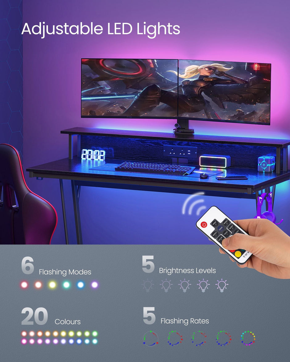 Gaming Desk – Wood – Black – LED Lights and Built-In Power Outlets with Monitor Shelf