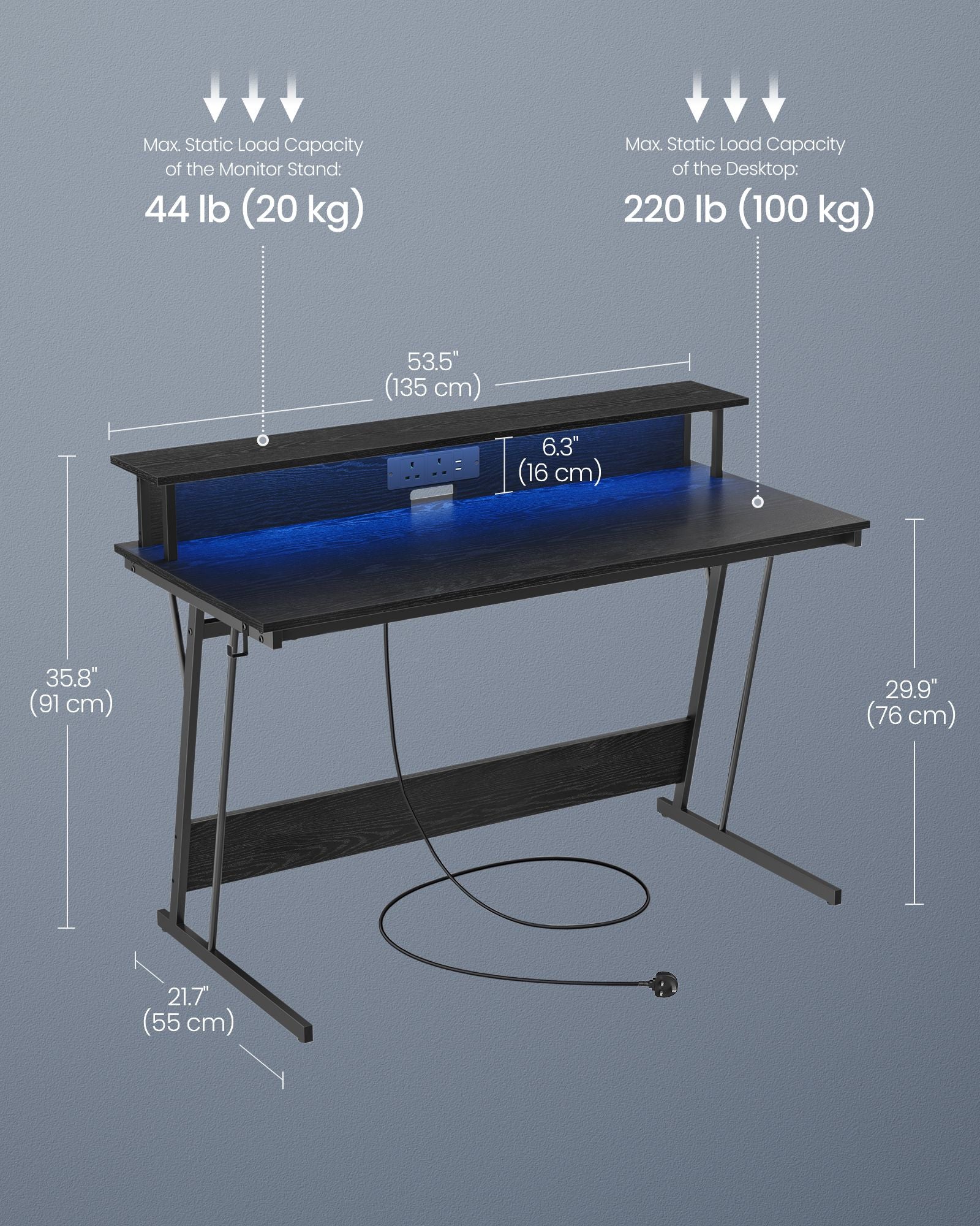 Gaming Desk – Wood – Black – LED Lights and Built-In Power Outlets with Monitor Shelf