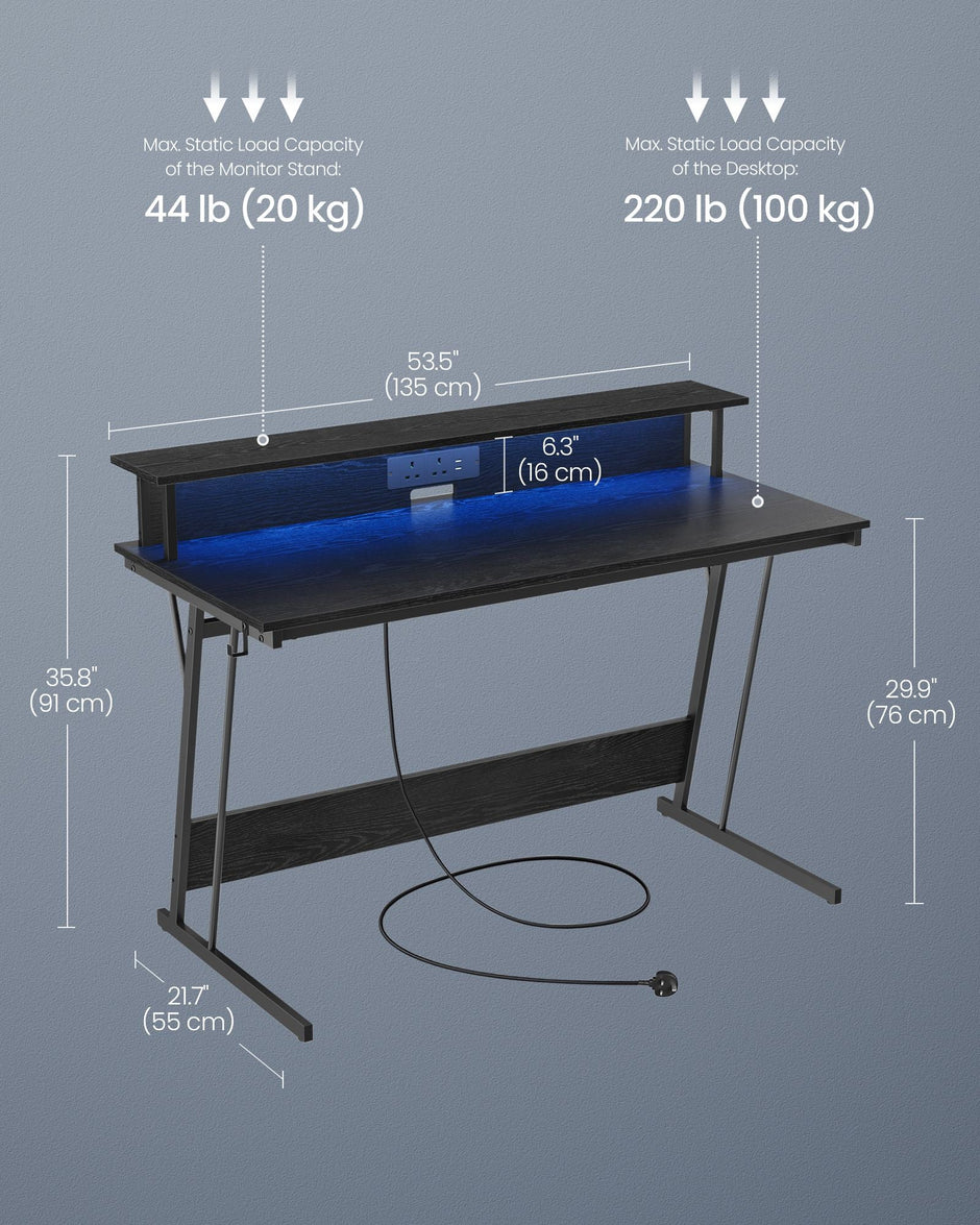 Gaming Desk – Wood – Black – LED Lights and Built-In Power Outlets with Monitor Shelf