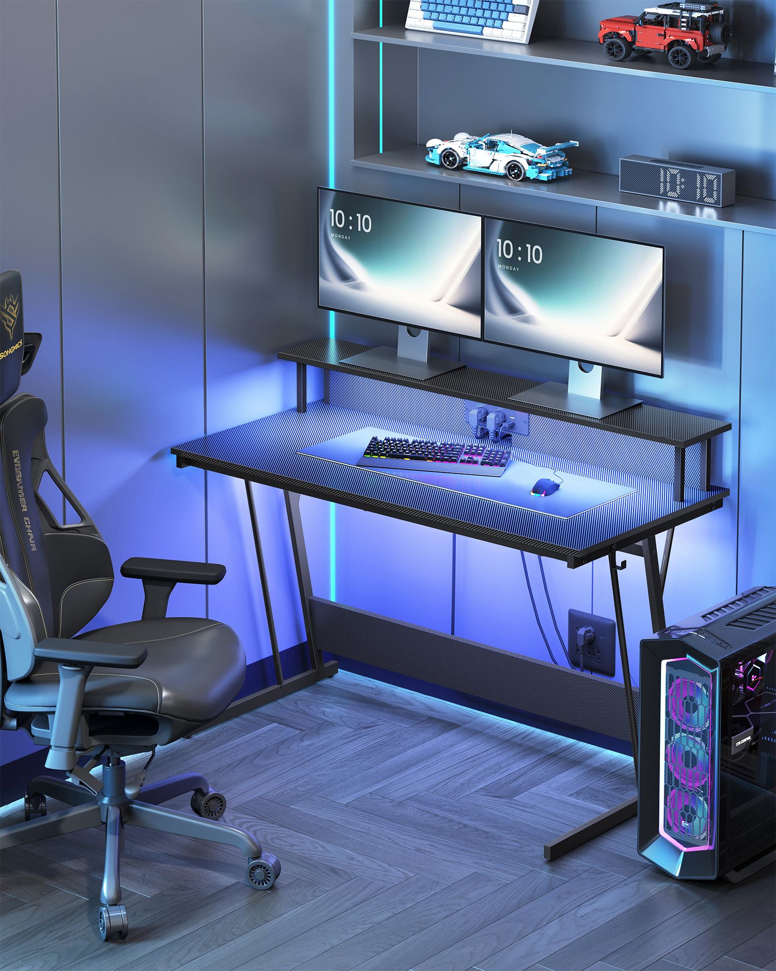 Gaming Desk – Carbon Black – LED Lights – Built-In Power Outlets, Monitor Shelf, Suitable for Bedroom and Office