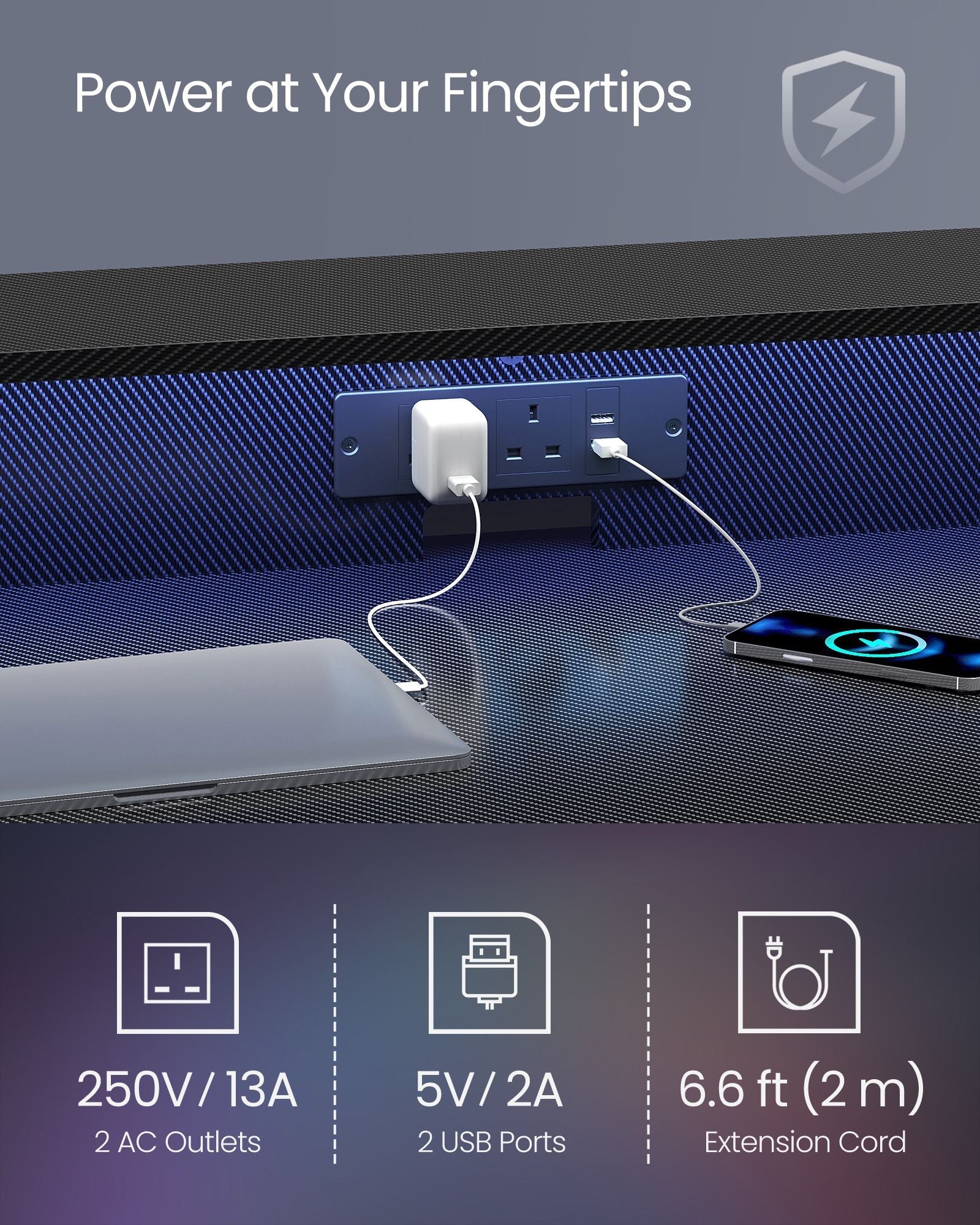 Gaming Desk – Carbon Black – LED Lights – Built-In Power Outlets, Monitor Shelf, Suitable for Bedroom and Office