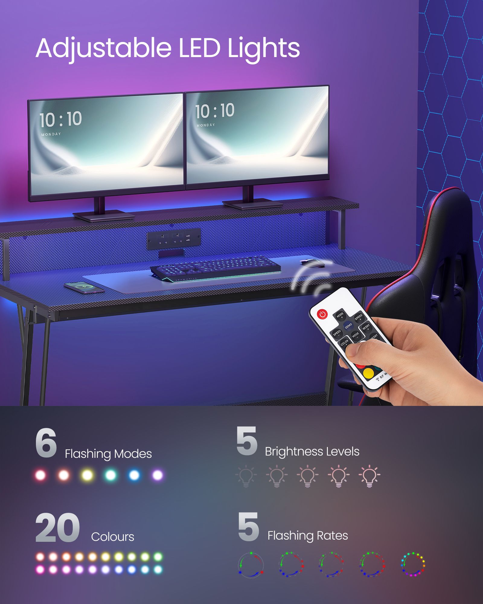 Gaming Desk – Carbon Black – LED Lights – Built-In Power Outlets, Monitor Shelf, Suitable for Bedroom and Office