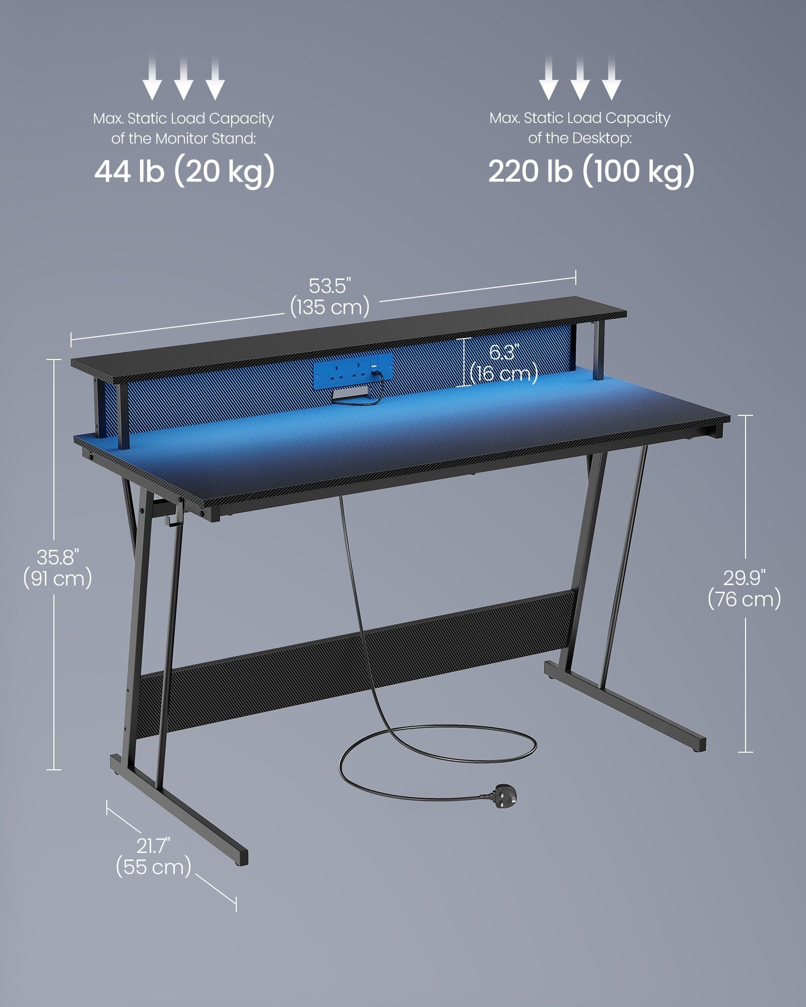 Gaming Desk – Carbon Black – LED Lights – Built-In Power Outlets, Monitor Shelf, Suitable for Bedroom and Office