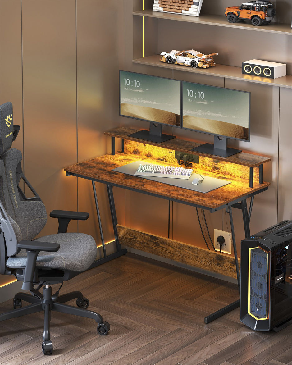 Gaming Desk – MDF and Steel – Black – LED Lighting and Built-In Power Outlets, Monitor Shelf