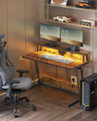 Gaming Desk – MDF and Steel – Black – LED Lighting and Built-In Power Outlets, Monitor Shelf