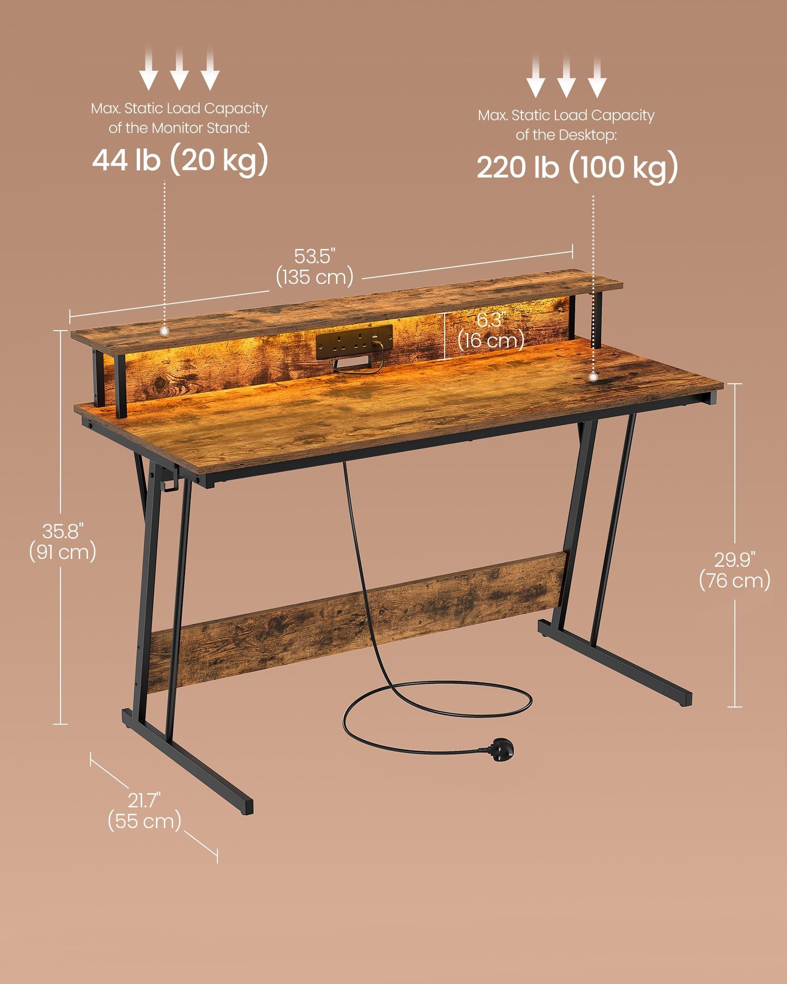 Gaming Desk – MDF and Steel – Black – LED Lighting and Built-In Power Outlets, Monitor Shelf