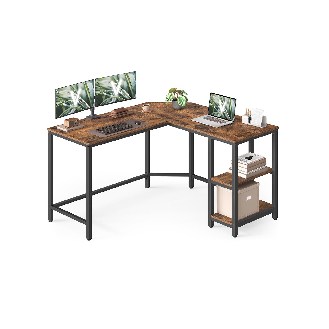L-Shaped Computer Desk – Wood – Rustic Brown and Ink Black – Industrial Design with Shelf