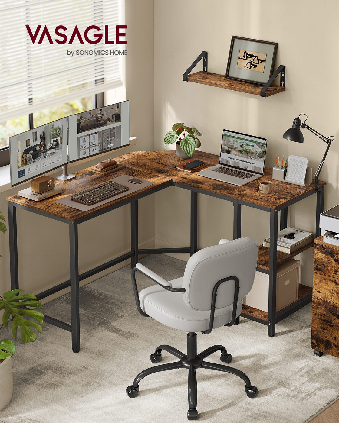 L-Shaped Computer Desk – Wood – Rustic Brown and Ink Black – Industrial Design with Shelf