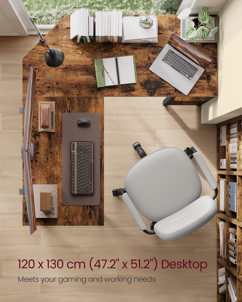 L-Shaped Computer Desk – Wood – Rustic Brown and Ink Black – Industrial Design with Shelf