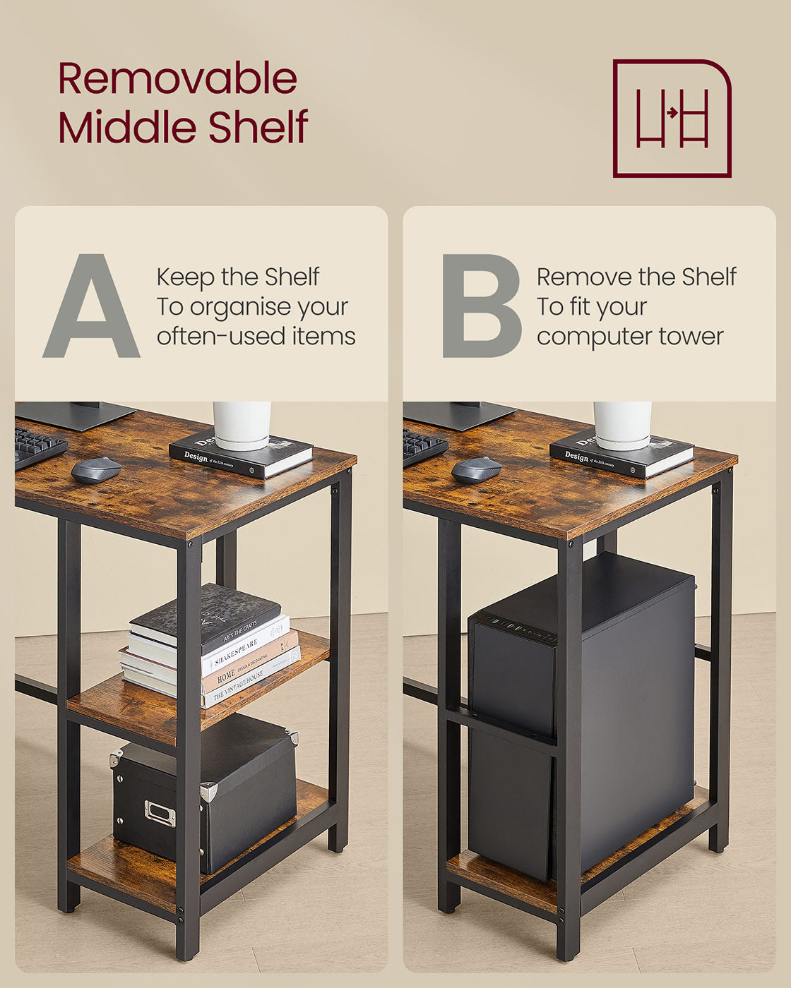 L-Shaped Computer Desk – Wood – Rustic Brown and Ink Black – Industrial Design with Shelf