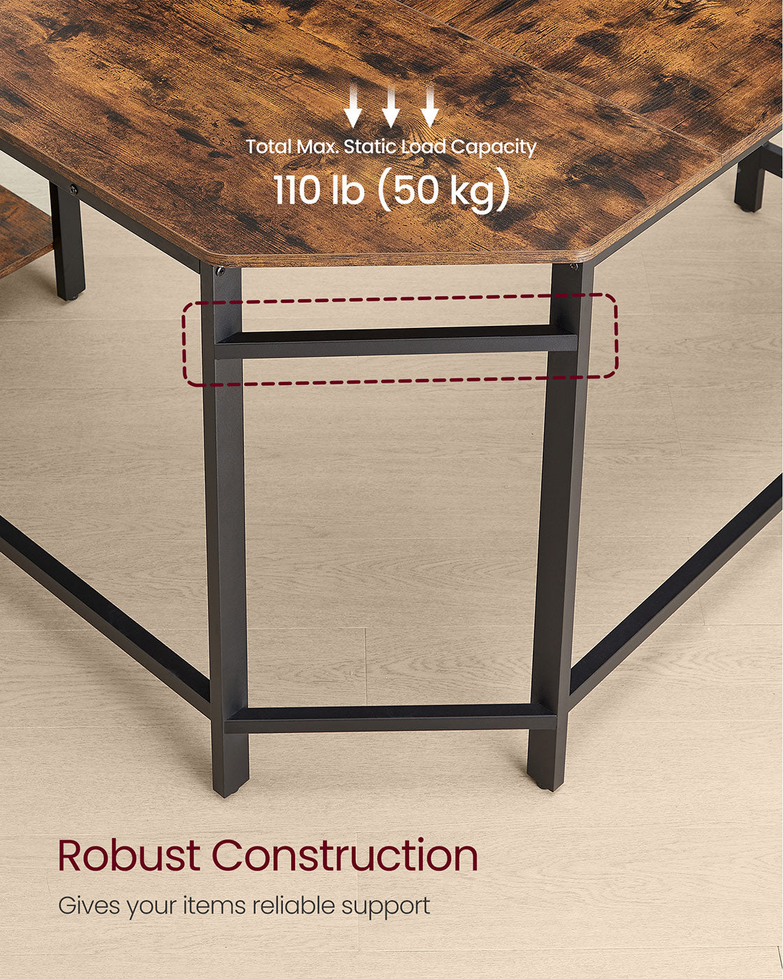 L-Shaped Computer Desk – Wood – Rustic Brown and Ink Black – Industrial Design with Shelf