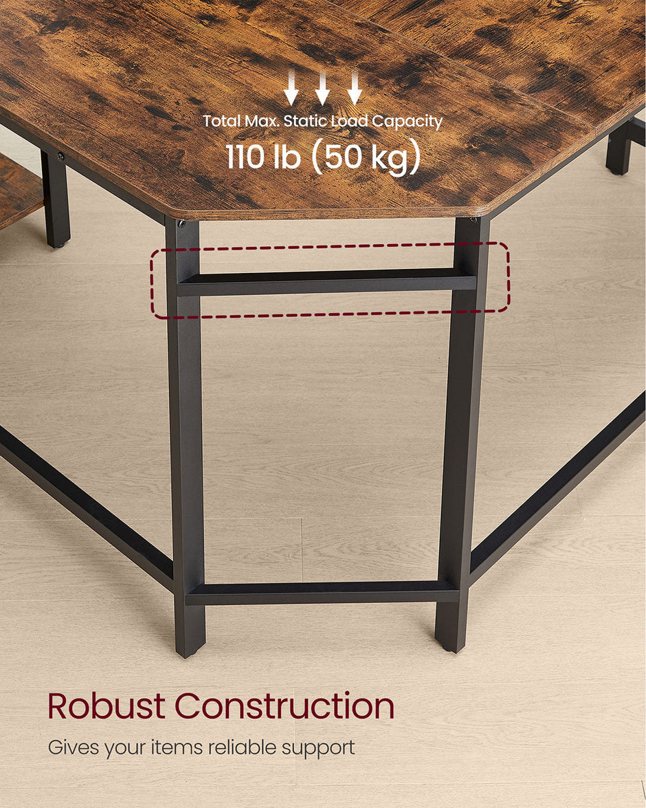 L-Shaped Computer Desk – Wood – Rustic Brown and Ink Black – Industrial Design with Shelf